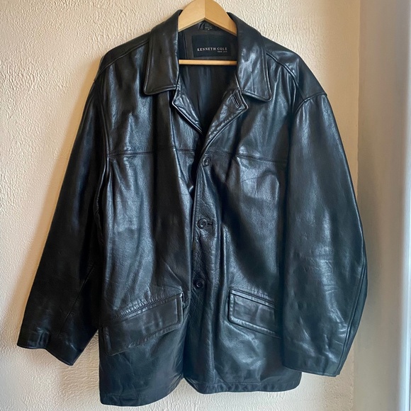 Vintage Mens Kenneth Cole black leather three button jacket Size XL - Picture 1 of 13
